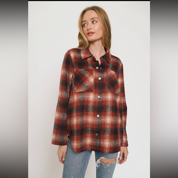 Plaid Shacket Shirt Jacket With Pockets Burgundy Size S - Picture 7 of 8